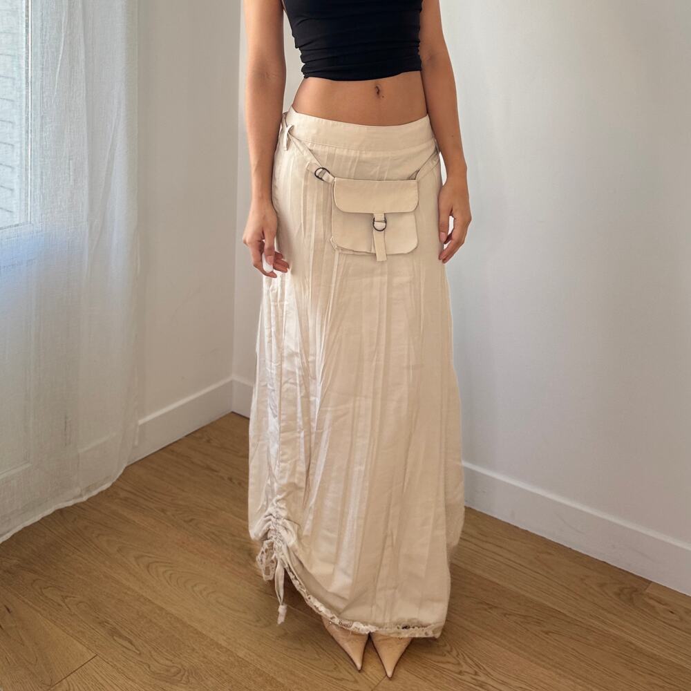 Vintage French Cream Maxi Skirt Ruched Hem Lace Detail Utility Pocket (XS/S)